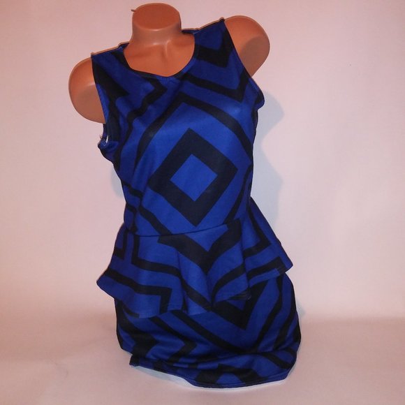 Dots Peplum Dress Large Black Blue Geo Sleeveless Scoop Neck Pencil Pit to Pit 1 - Picture 2 of 10